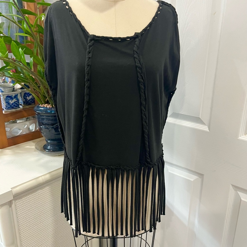 AllSaints Black Braided Fringe T-shirt